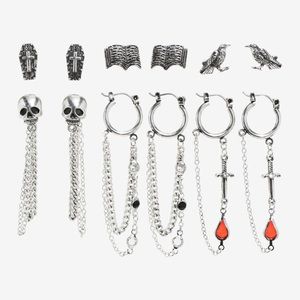Hot Topic Skull‎ Book Raven Dagger Coffin Stud & Hoop Earring Set Spooky Witchy